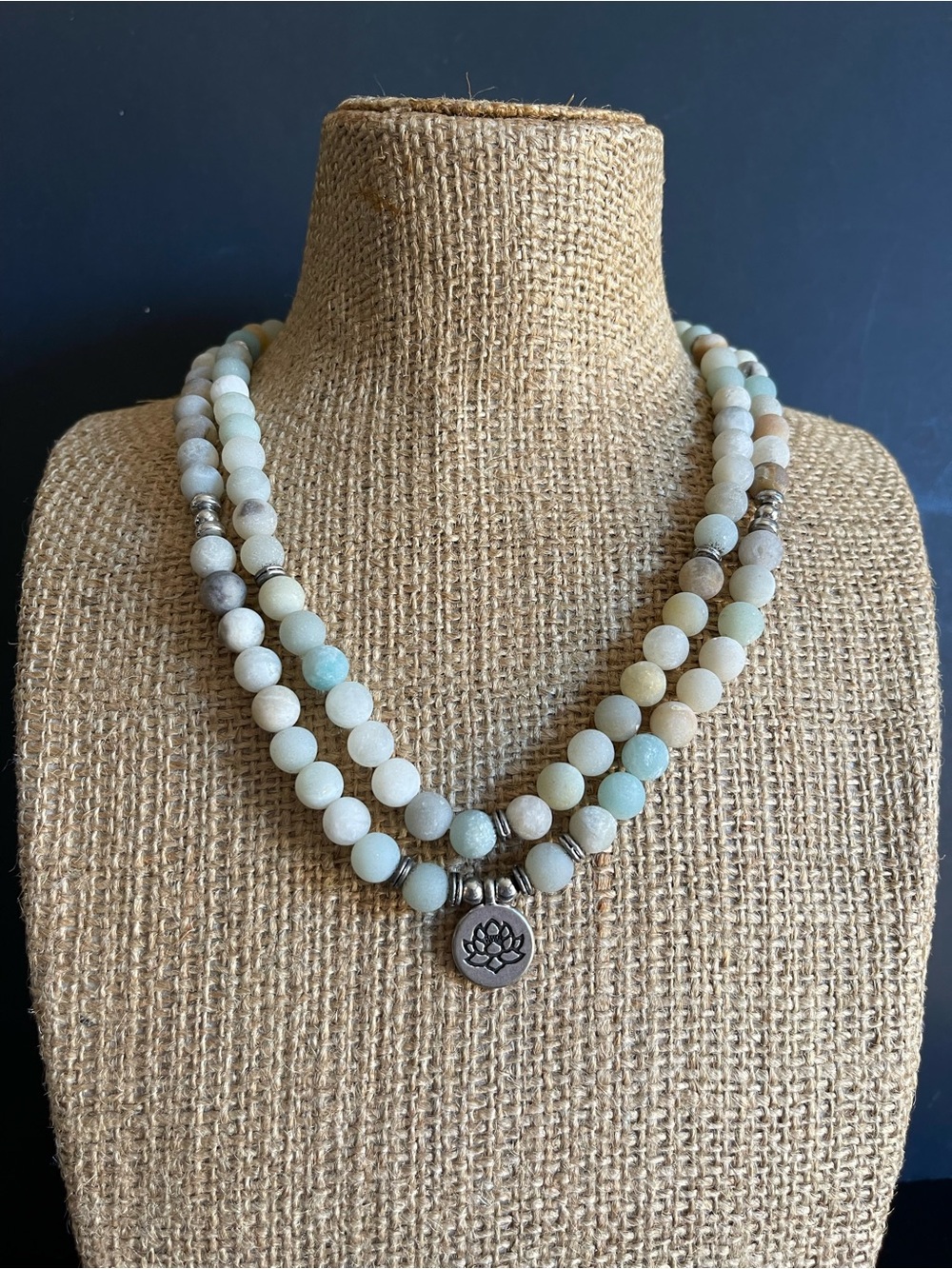 108 natural matte Amazonite stretch Necklace with Lotus Charm. - Picture 7 of 7